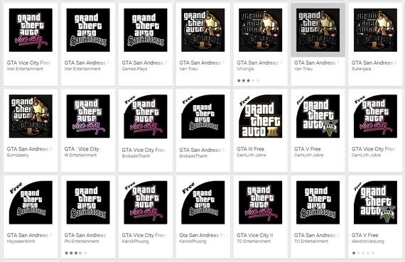 Hier sieht man einige Icons, die das Interesse der Nutzer sicher haben. Grand Theft Auto kostenlos, wer schaut da schon genau hin? (Bild: Eset.com)